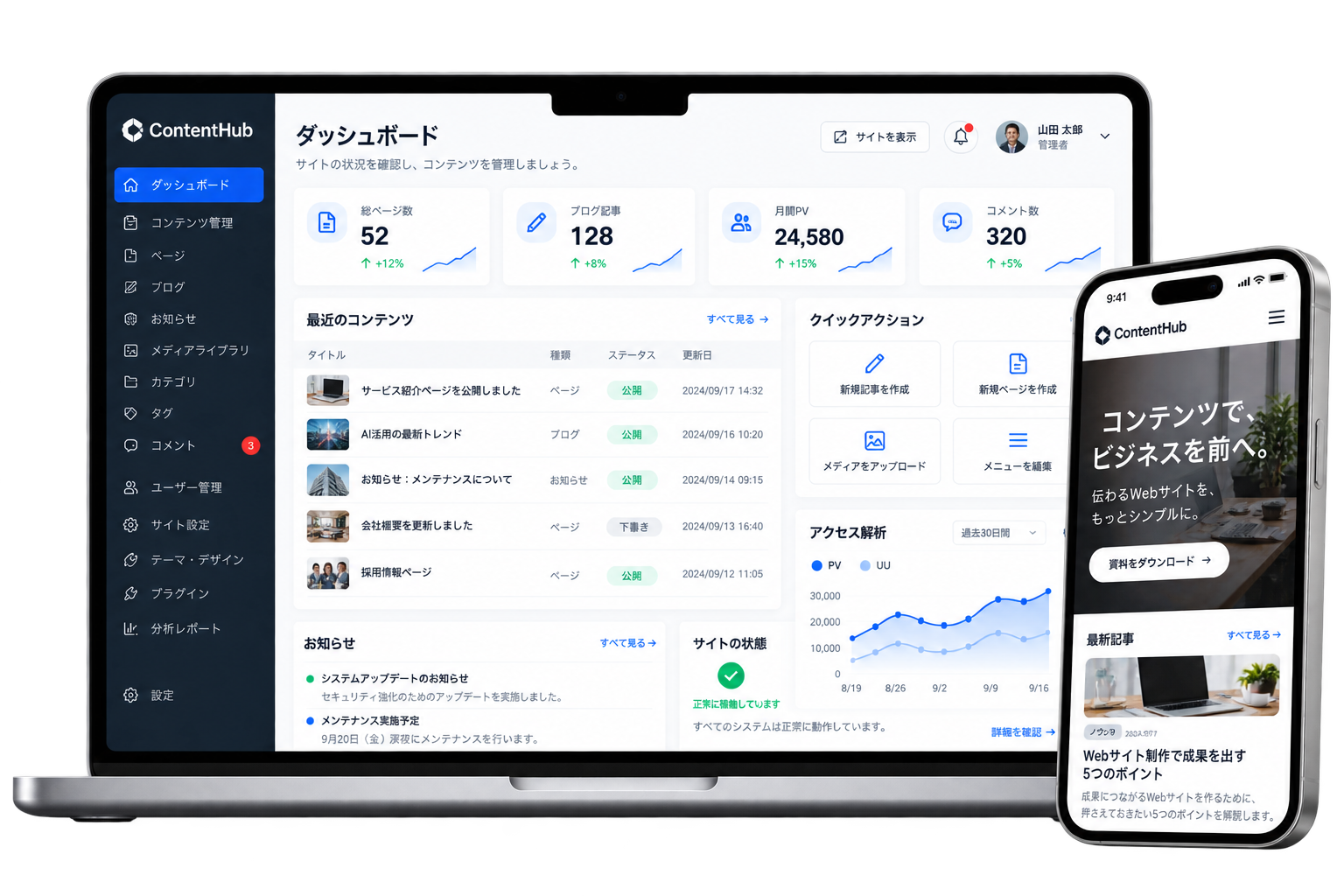 CMS(コンテンツ管理システム)をノートPCとスマートフォンに表示した画面