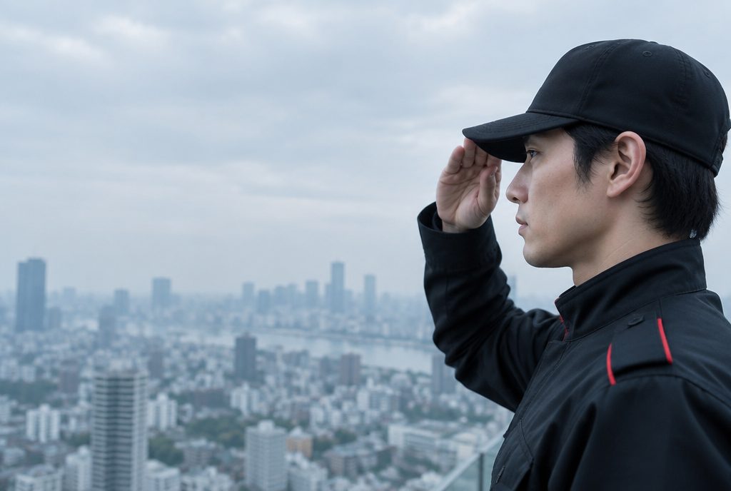 都市を見渡しながら敬礼する警備員