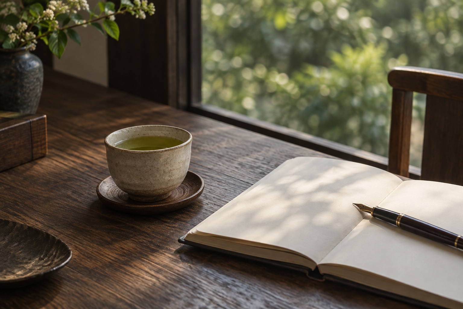 窓辺のテーブルに置かれたお茶とノート