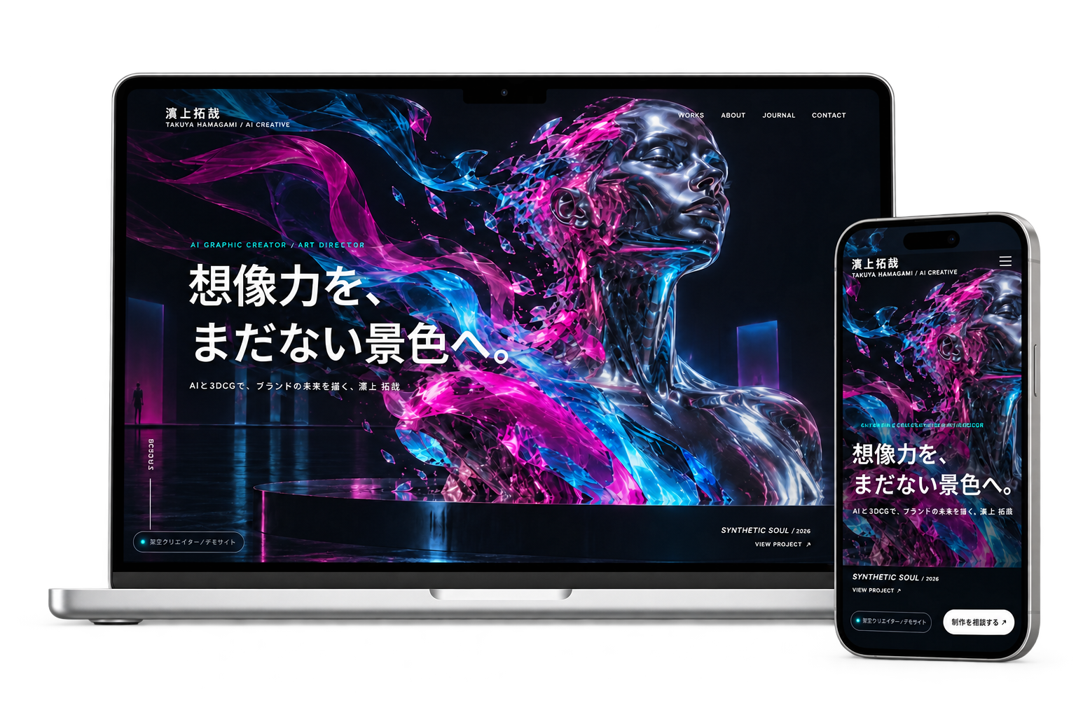 アーティストポートフォリオサンプルをノートPCとスマートフォンに表示した画面